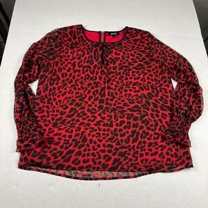 DKNY Blouse Large Red Black Leopard Print Long Sleeve Chiffon Lightweight Top